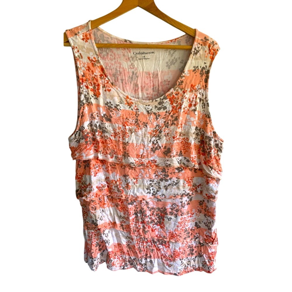 Croft & Barrow Womens 1X Tiered Tank Top Peach White Gray Sleeveless Ruffle